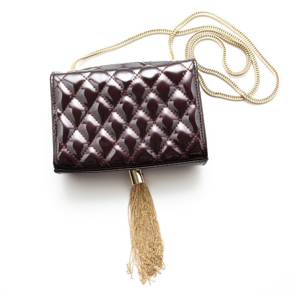 Big Buddha Lila Purse Quilted Patent Crossbody Bag Gold Tassel Chain Strap Brown - Picture 2 of 9